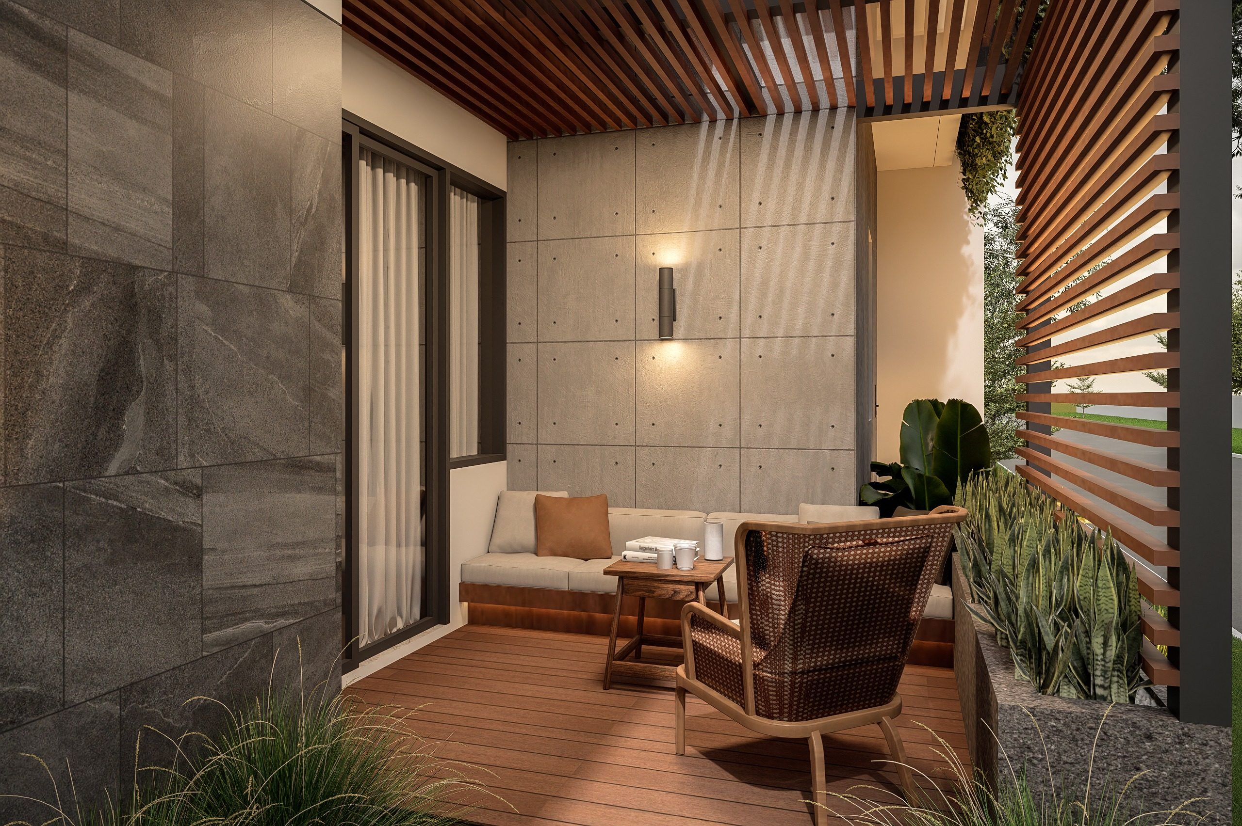 Side patio render of Rumah Solterra Vol. 1.