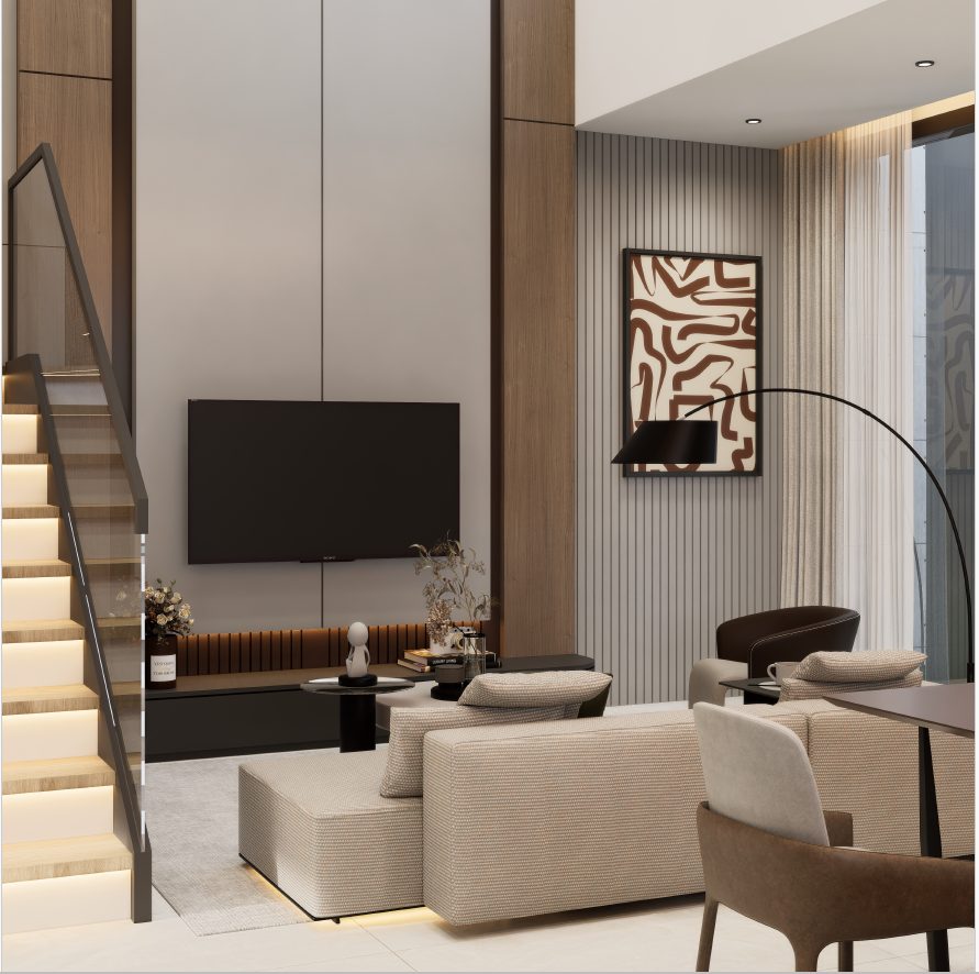 Living room interior render.