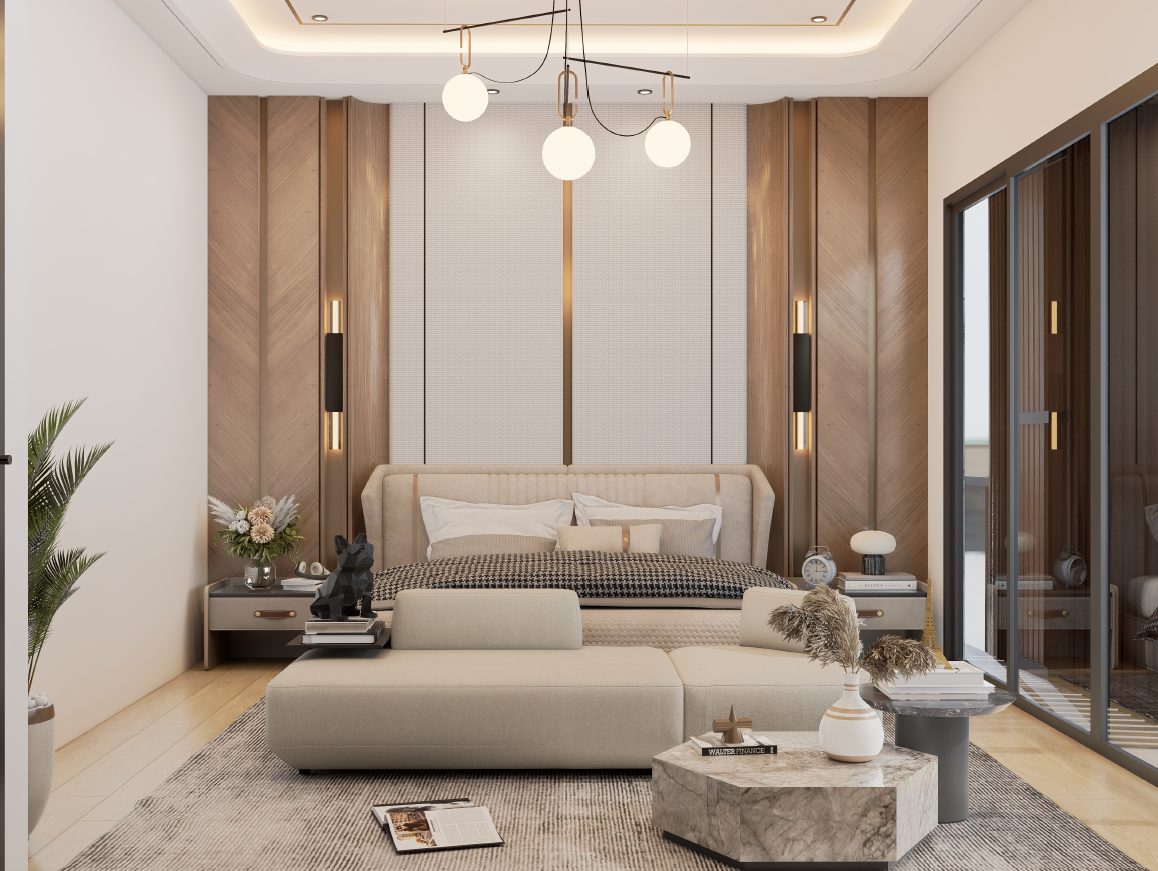 Primary bedroom interior render.