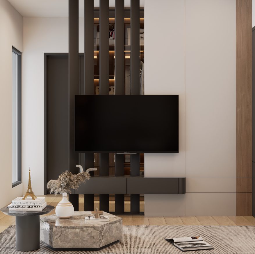 Primary bedroom media wall interior render.