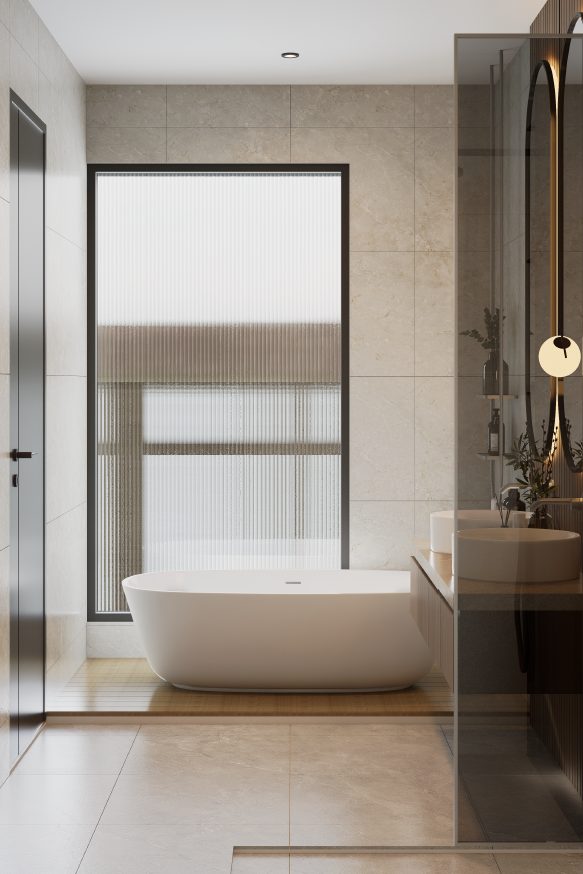 Primary bathroom interior render.