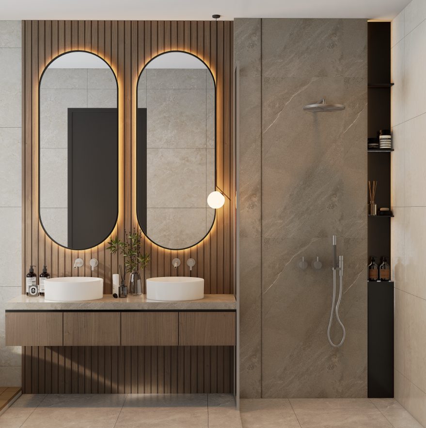 Primary bathroom vanity and shower interior render.